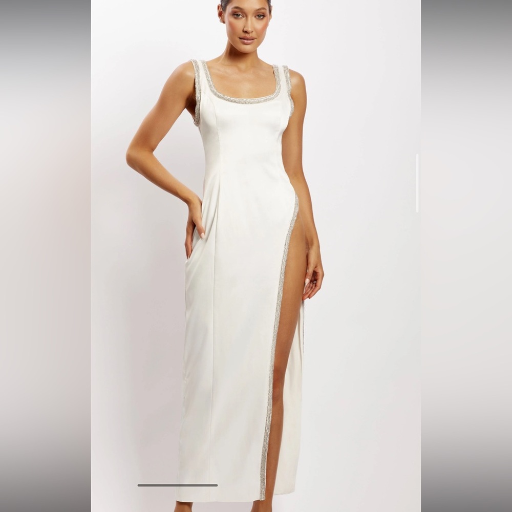Lapis satin diamante trim high split midi dress - white